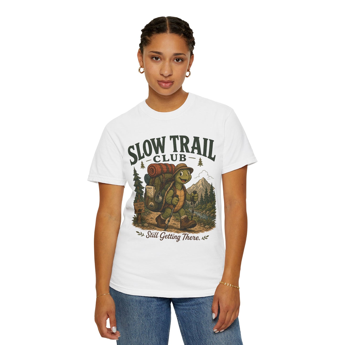 Slow Trail Club T-Shirt — “Still Getting There” Hiking Turtle Graphic Tee
