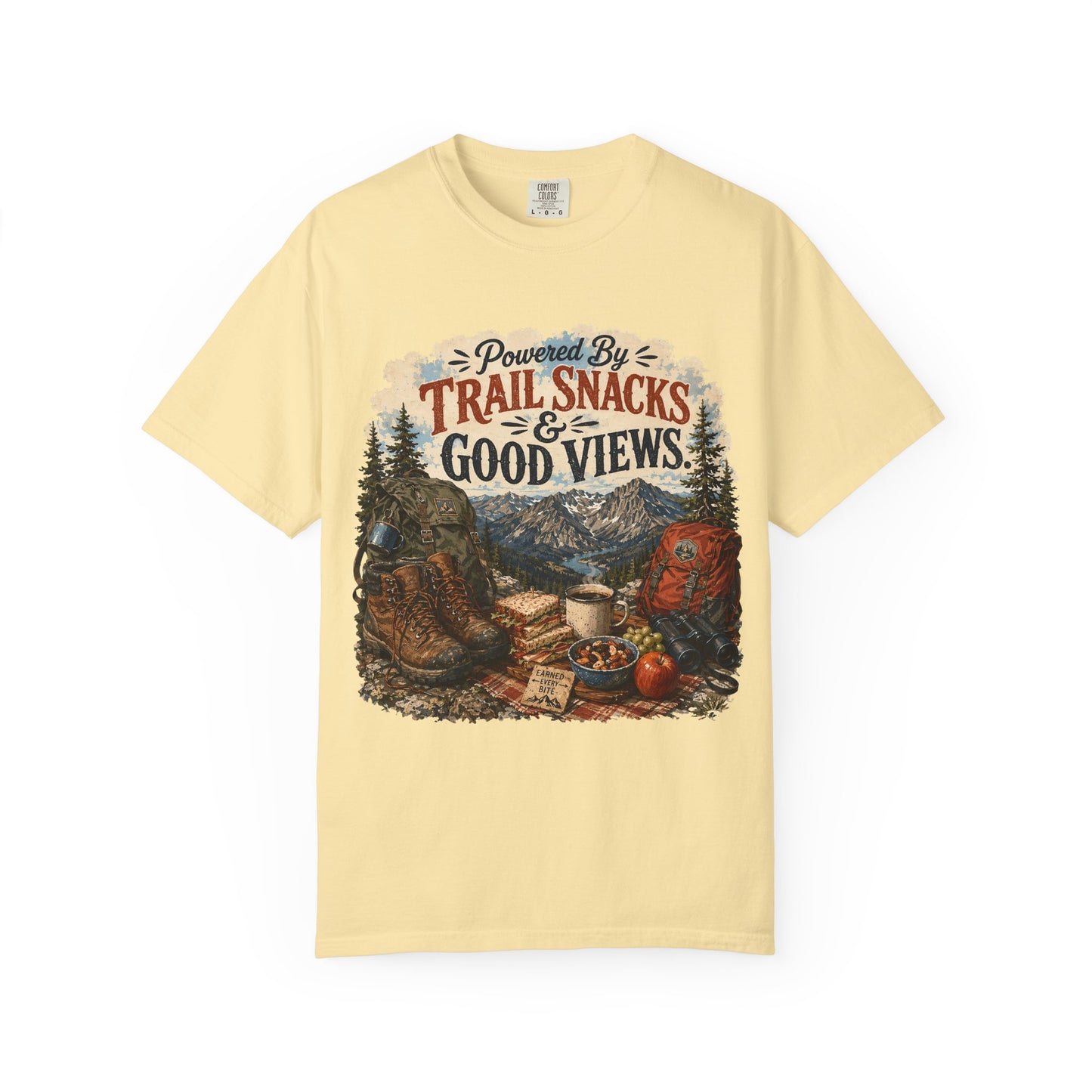 Trail Snacks & Good Views T-Shirt — Hiking Adventure Graphic Tee