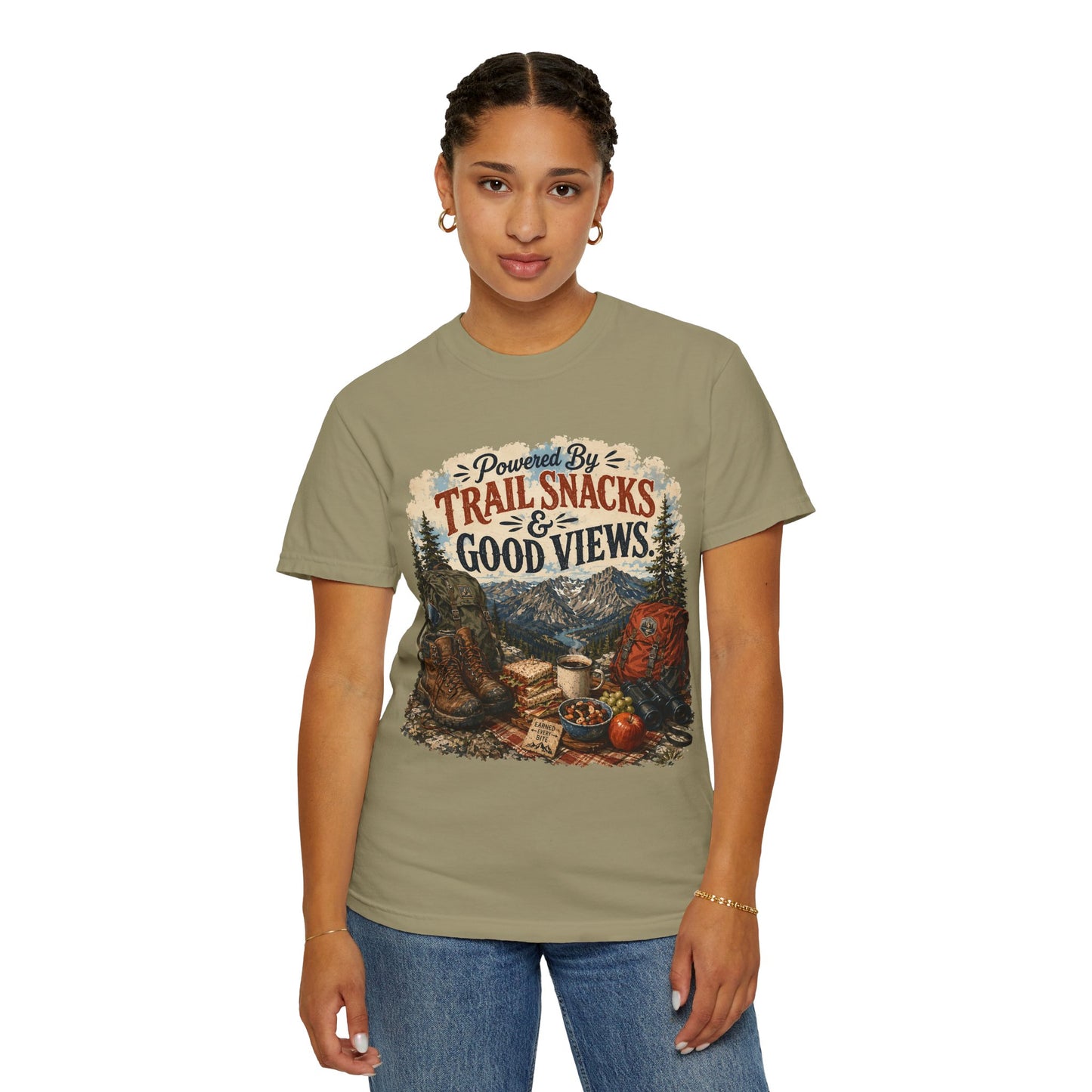 Trail Snacks & Good Views T-Shirt — Hiking Adventure Graphic Tee