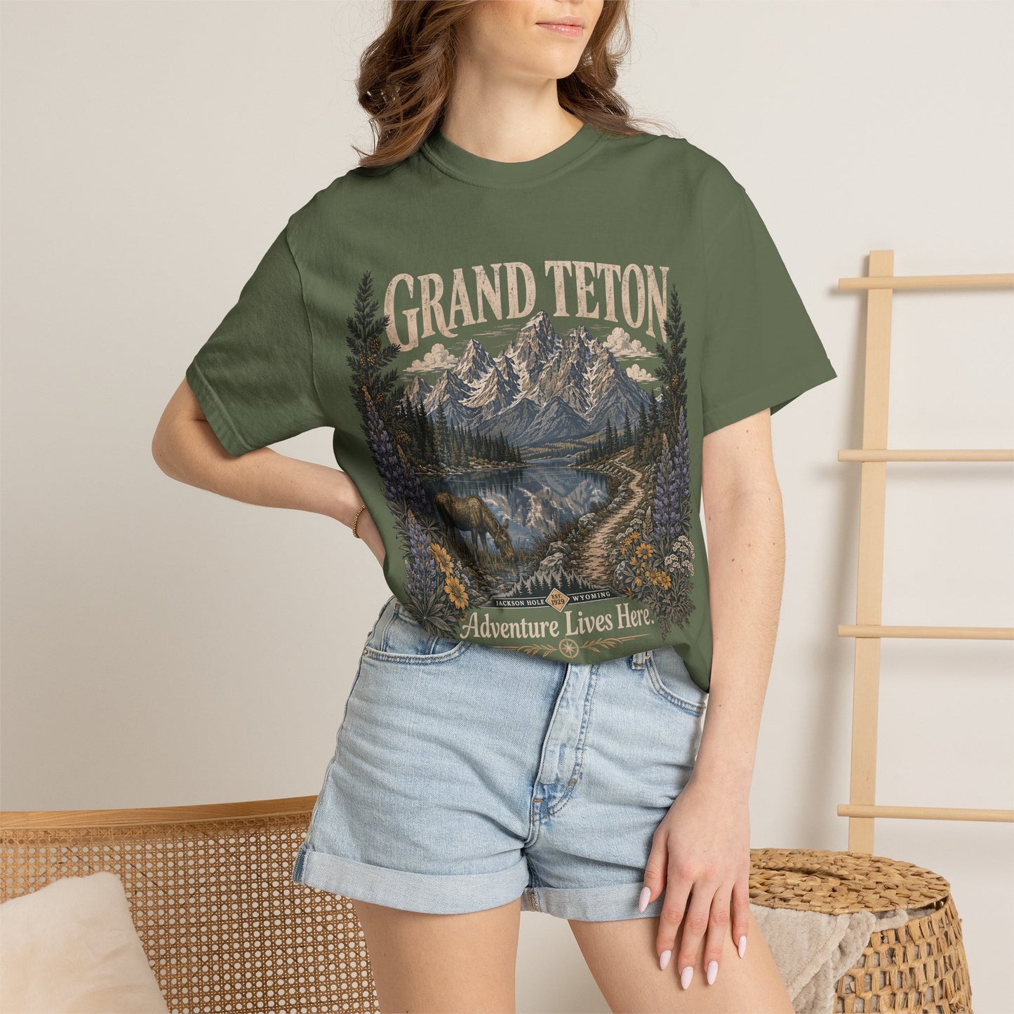 Grand Teton Scenic T-Shirt — 'Adventure Lives Here' Mountain & Moose Tee