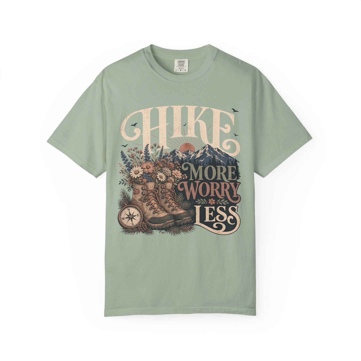 Hike More Worry Less T-Shirt — Vintage Hiking Boots & Mountain Graphic