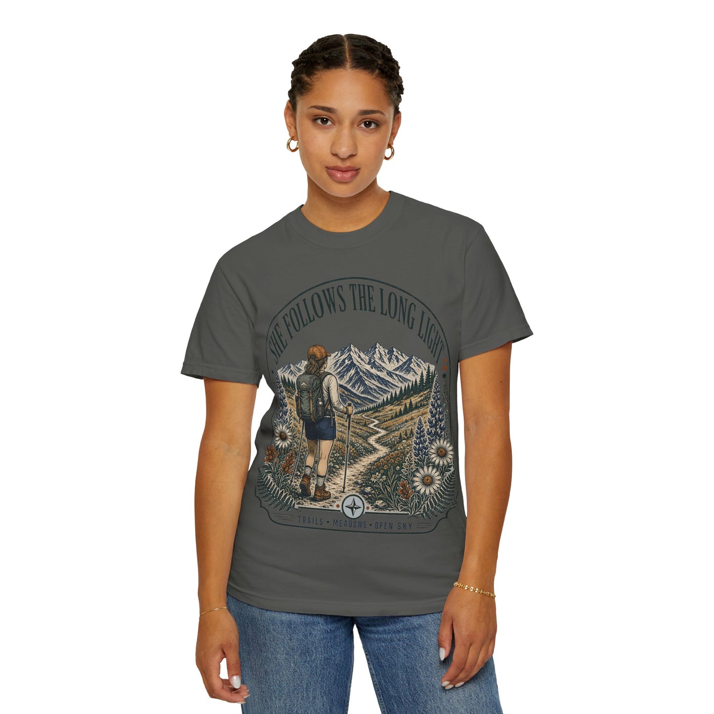 She Follows The Long Light Hiking T-Shirt — Adventure Backpacker Graphic Tee