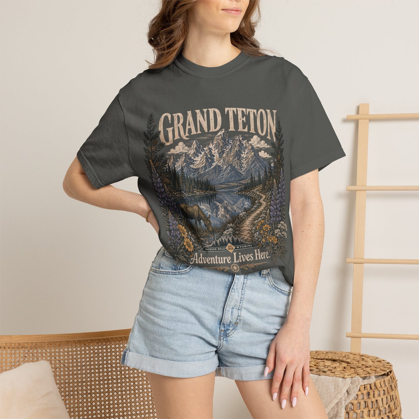 Grand Teton Scenic T-Shirt — 'Adventure Lives Here' Mountain & Moose Tee