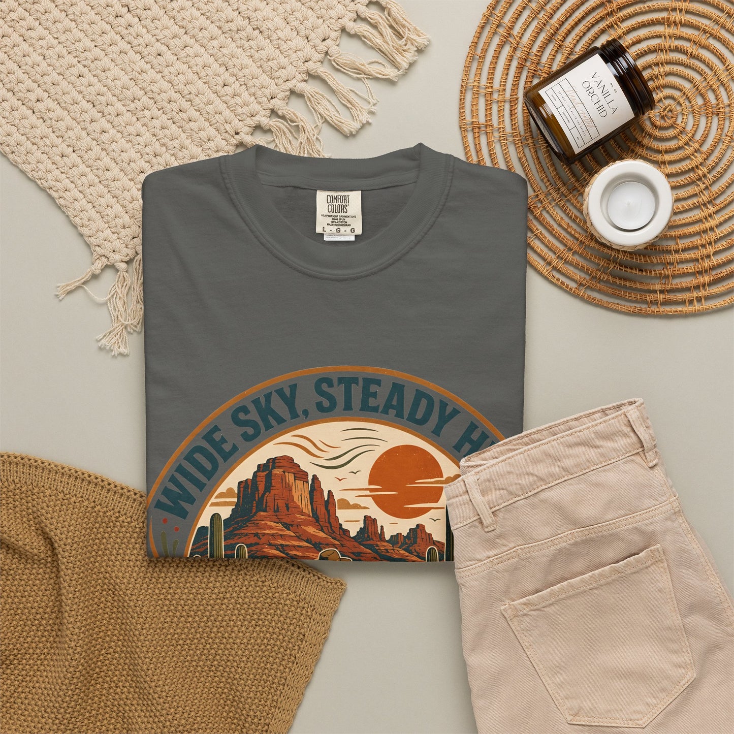 Desert Trail Society T-Shirt — "Wide Sky, Steady Heart" Retro Desert Graphic Tee