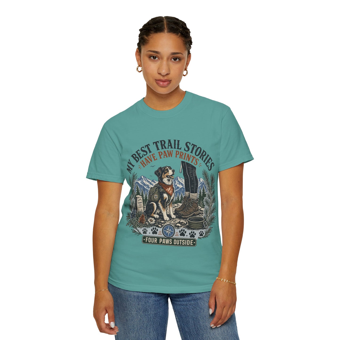 Dog Hiking T-Shirt — “My Best Trail Stories Have Paw Prints” Outdoor Adventure Tee