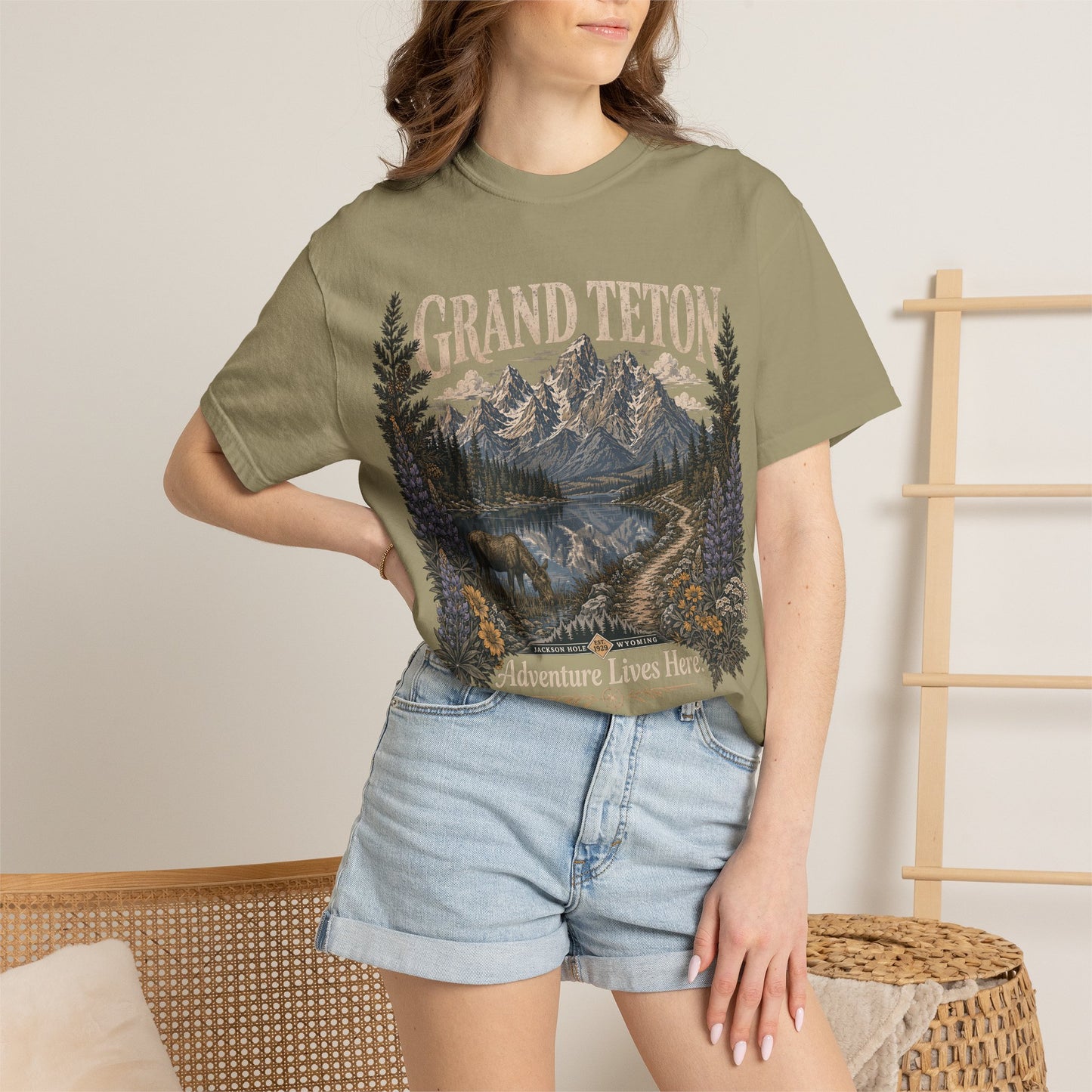 Grand Teton Scenic T-Shirt — 'Adventure Lives Here' Mountain & Moose Tee
