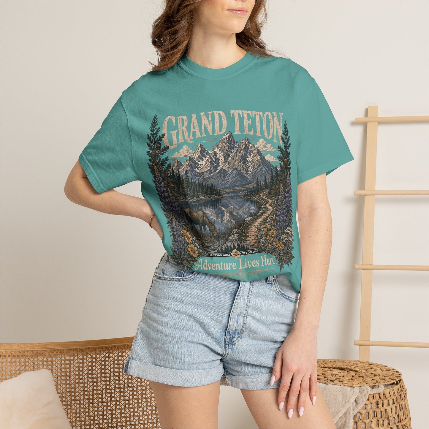 Grand Teton Scenic T-Shirt — 'Adventure Lives Here' Mountain & Moose Tee