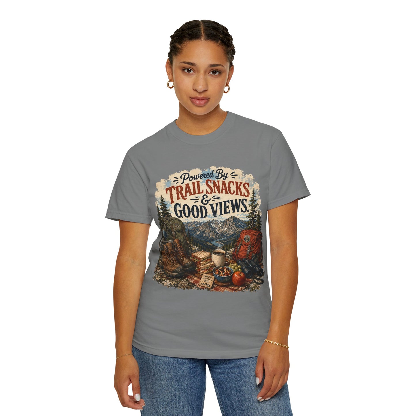 Trail Snacks & Good Views T-Shirt — Hiking Adventure Graphic Tee