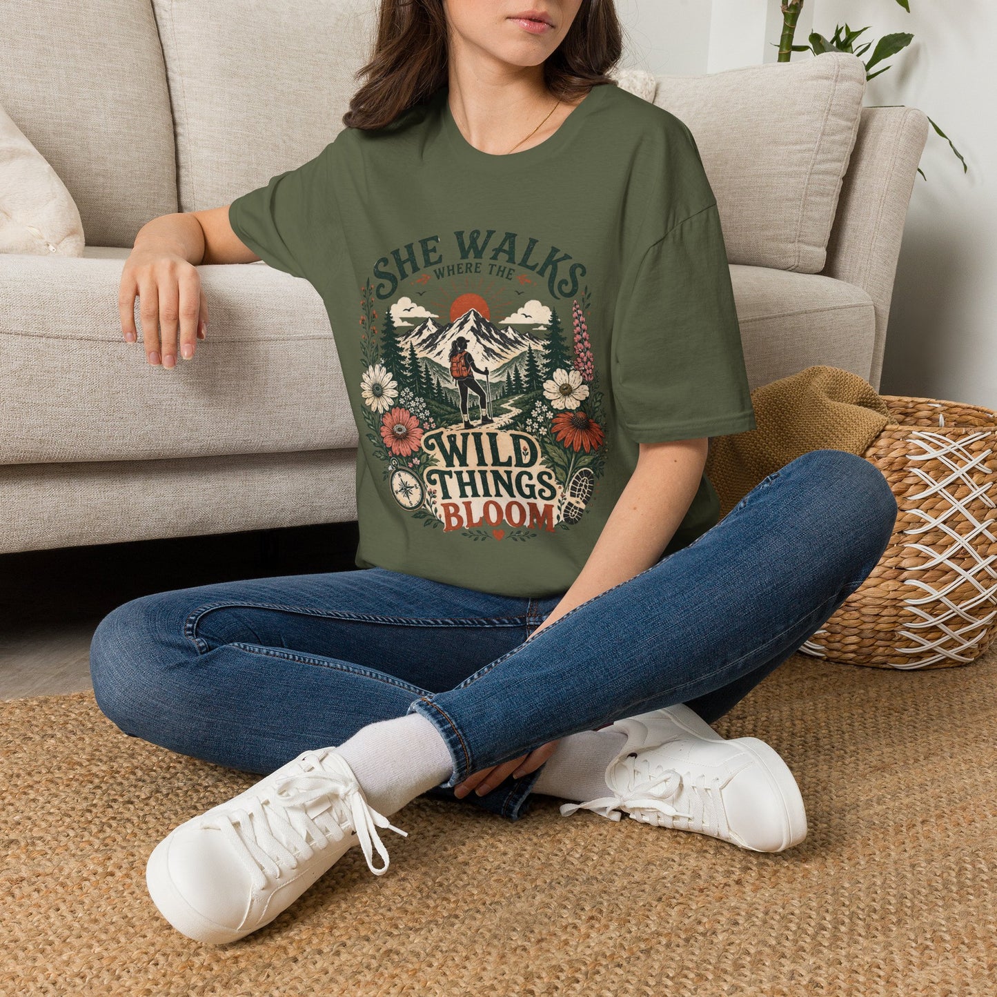 She Walks Where the Wild Things Bloom Hiking T-Shirt — Vintage Mountain Outdoor Tee
