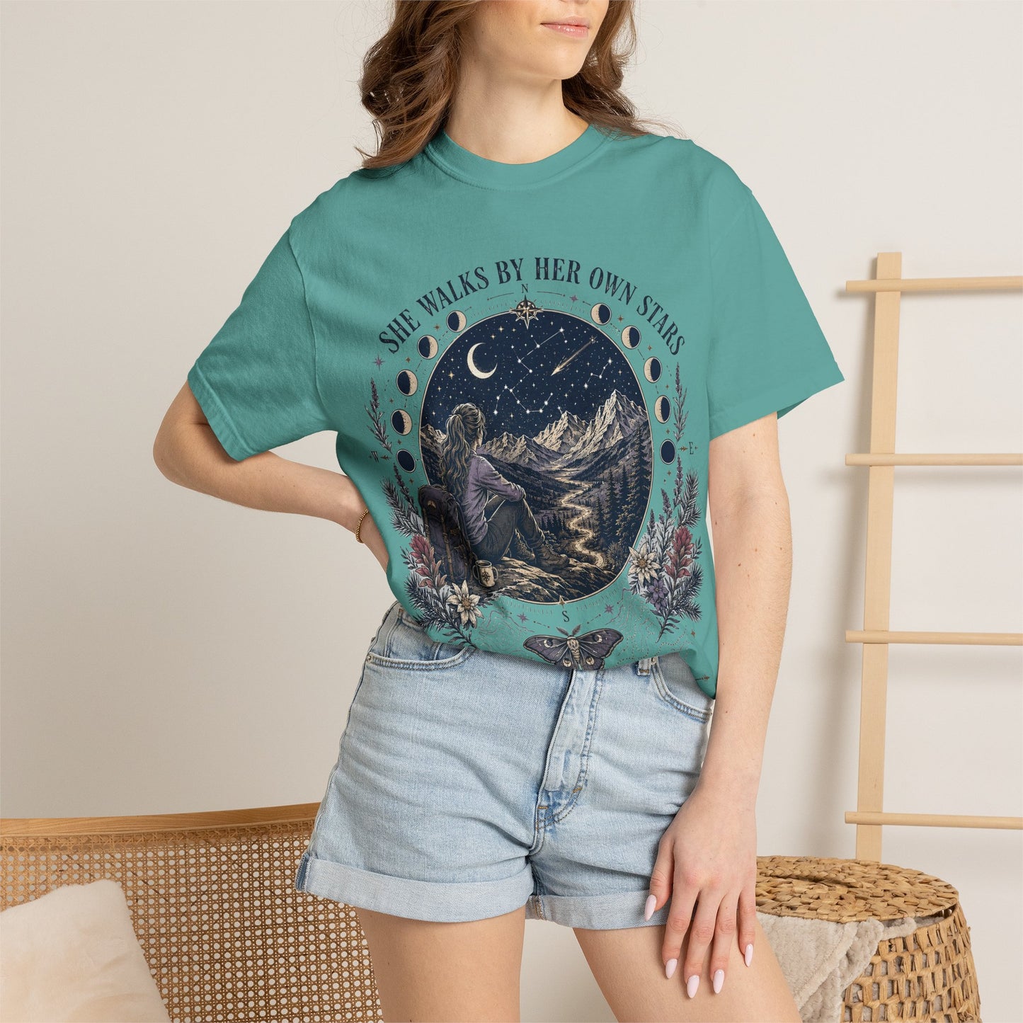 She Walks By Her Own Stars T-Shirt — Night Sky Adventure Graphic Tee