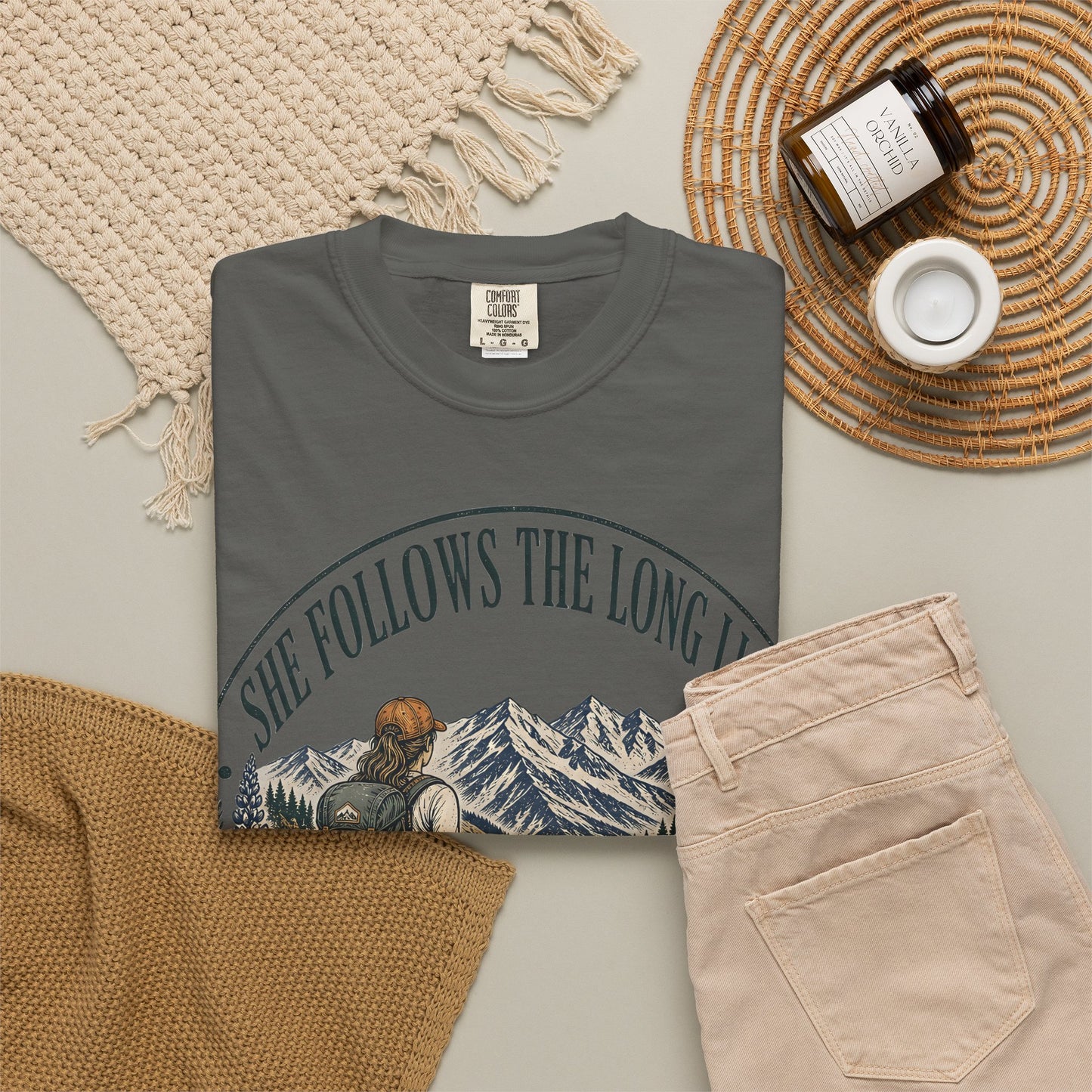 She Follows The Long Light Hiking T-Shirt — Adventure Backpacker Graphic Tee