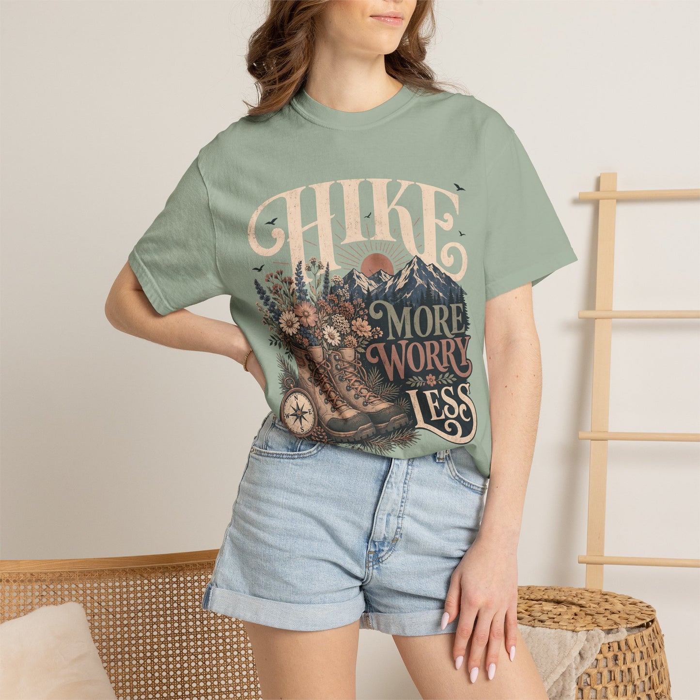 Hike More Worry Less T-Shirt — Vintage Hiking Boots & Mountain Graphic