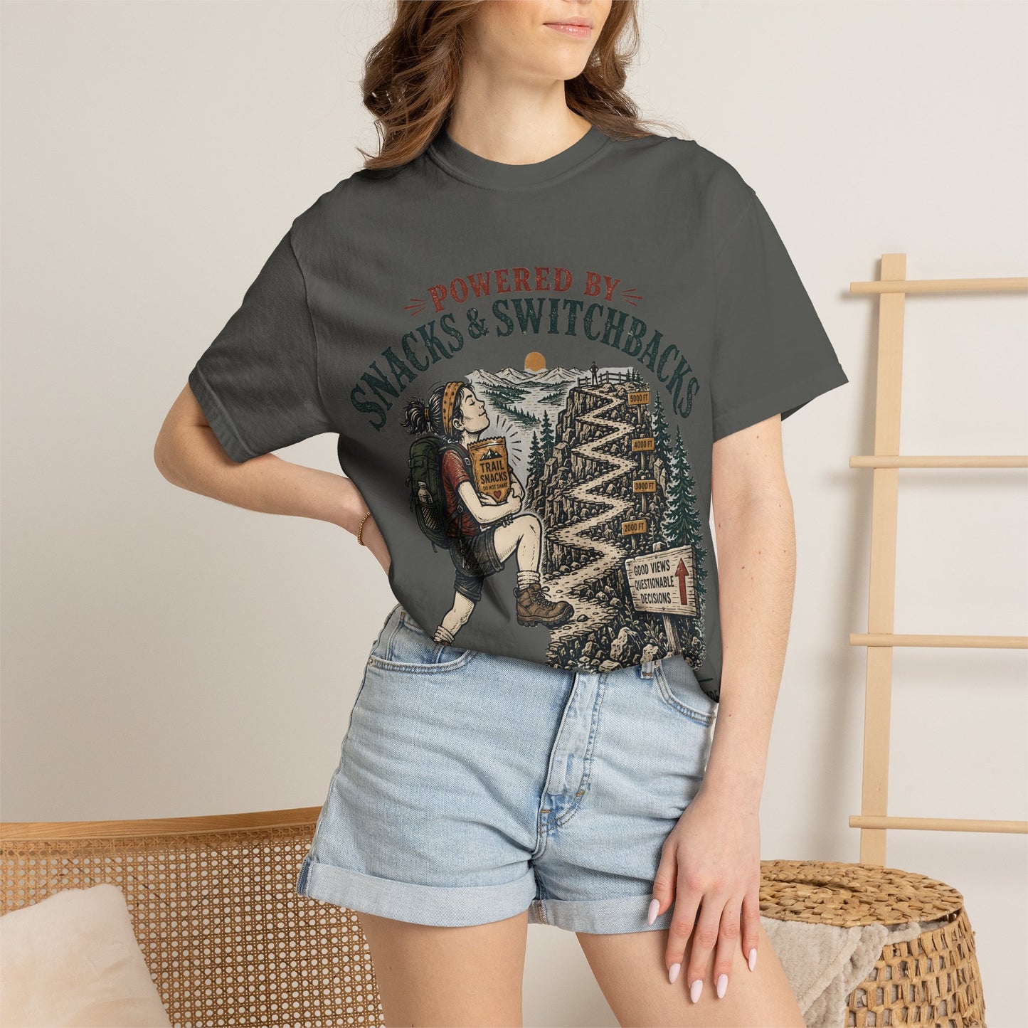 Hiking T-Shirt — "Powered by Snacks & Switchbacks" Outdoor Trail Tee