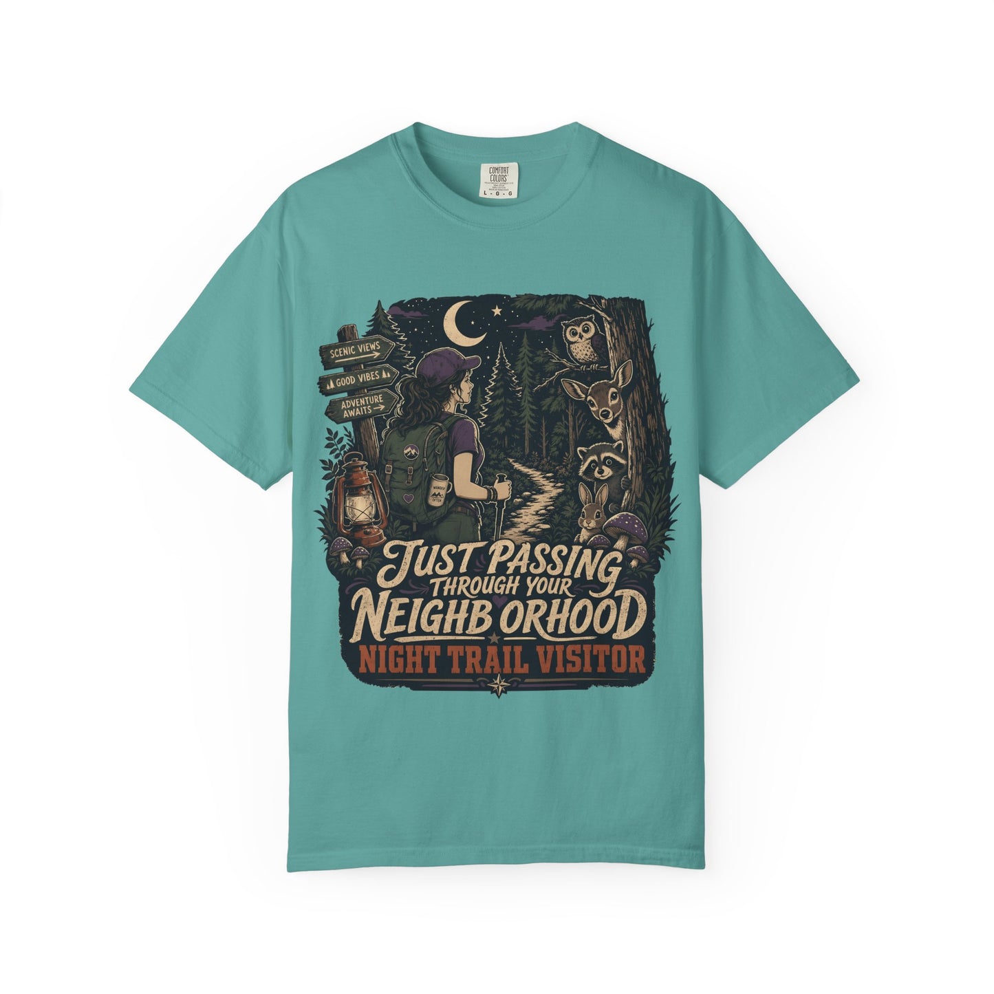 Night Trail Visitor T-Shirt — "Just Passing Through Your Neighborhood" Hiker Tee