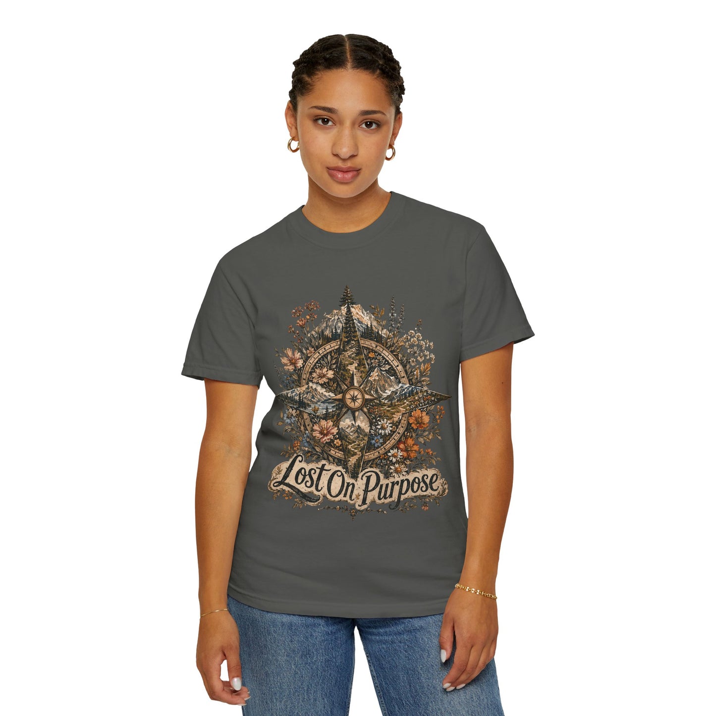 Lost on Purpose Compass T-Shirt — Floral Adventure Graphic Tee