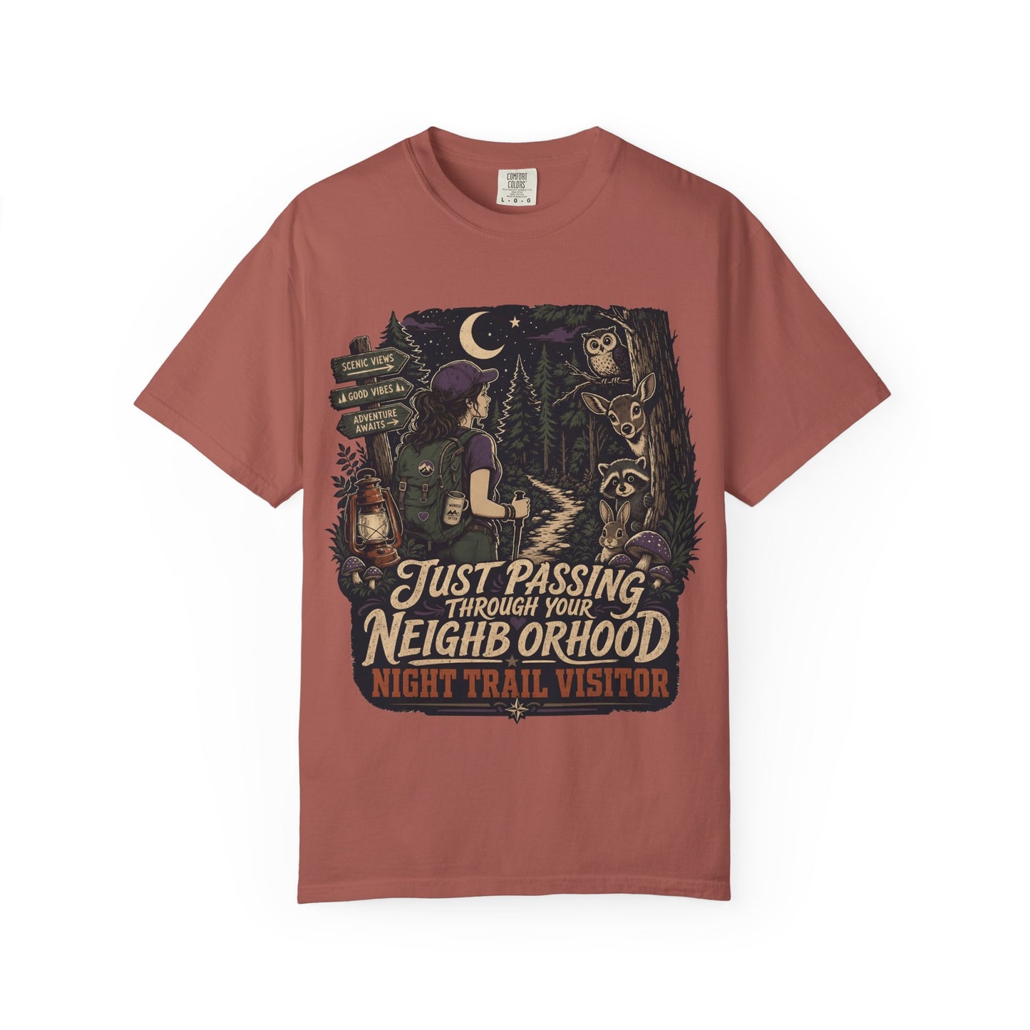 Night Trail Visitor T-Shirt — "Just Passing Through Your Neighborhood" Hiker Tee