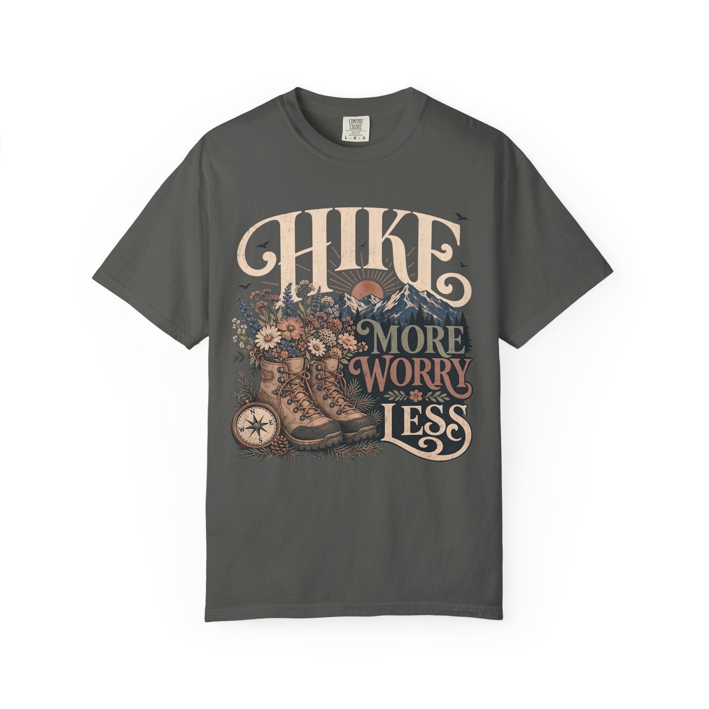 Hike More Worry Less T-Shirt — Vintage Hiking Boots & Mountain Graphic