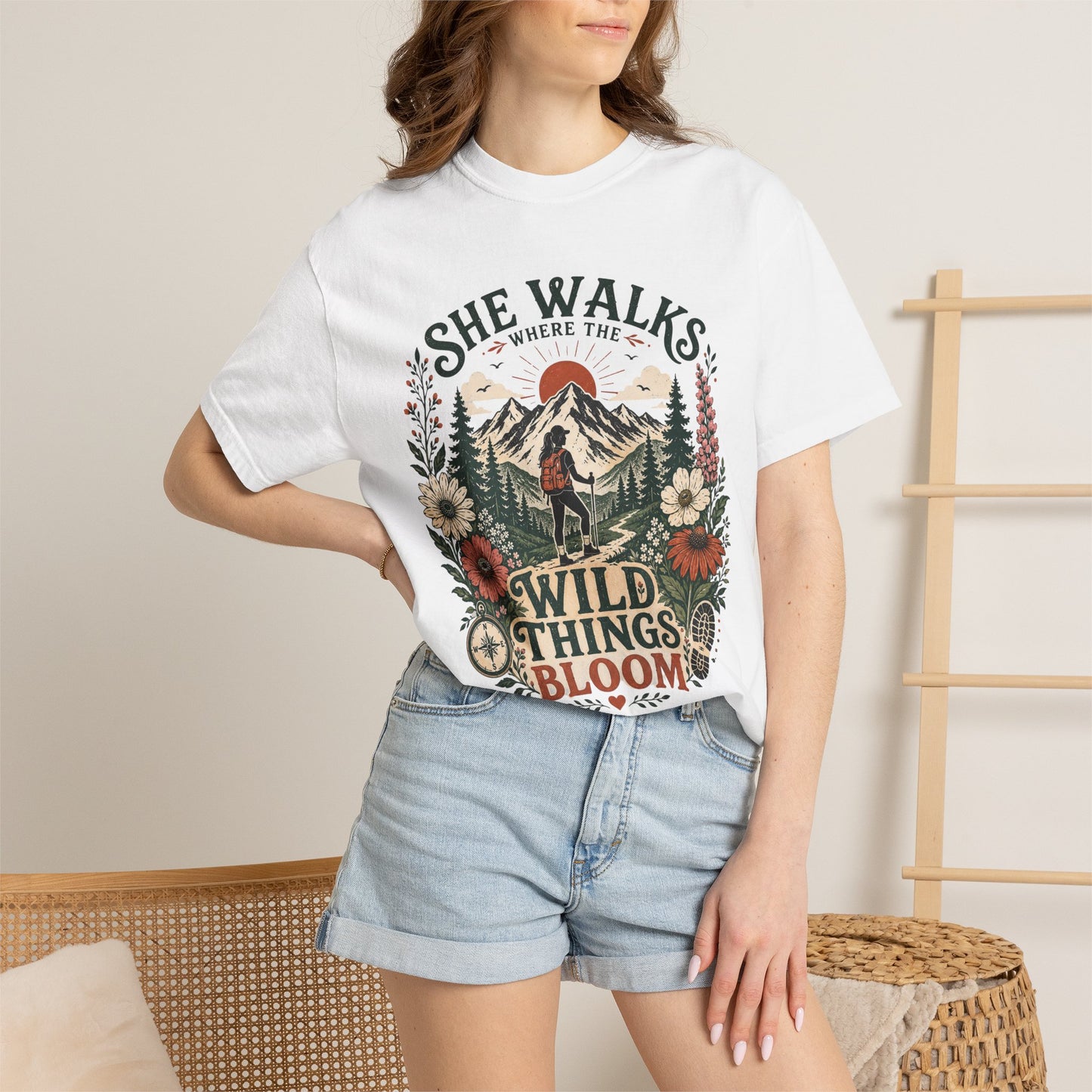 She Walks Where the Wild Things Bloom T-Shirt — Floral Vintage Hiking Tee