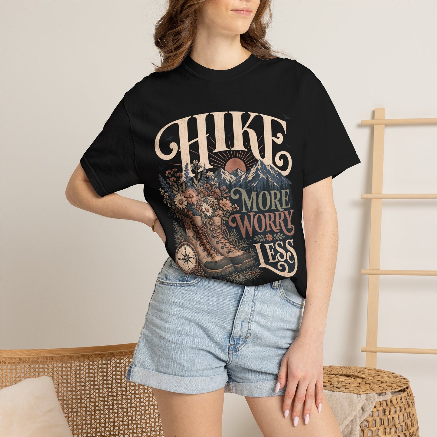 Hike More Worry Less T-Shirt — Vintage Hiking Boots & Mountain Graphic