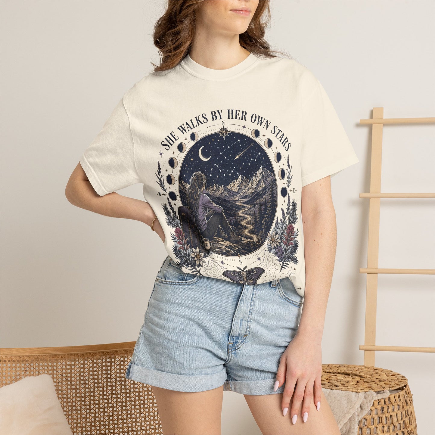 She Walks By Her Own Stars T-Shirt — Night Sky Adventure Graphic Tee