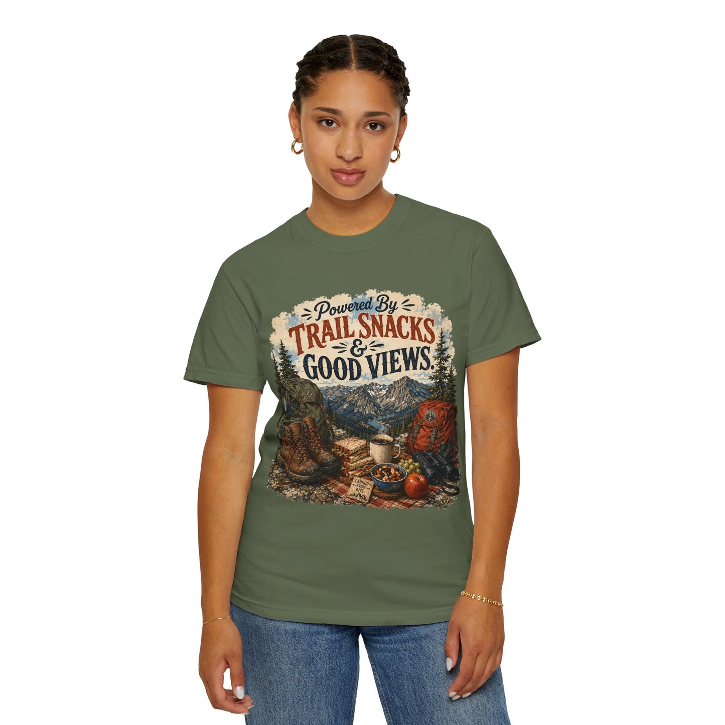 Trail Snacks & Good Views T-Shirt — Hiking Adventure Graphic Tee