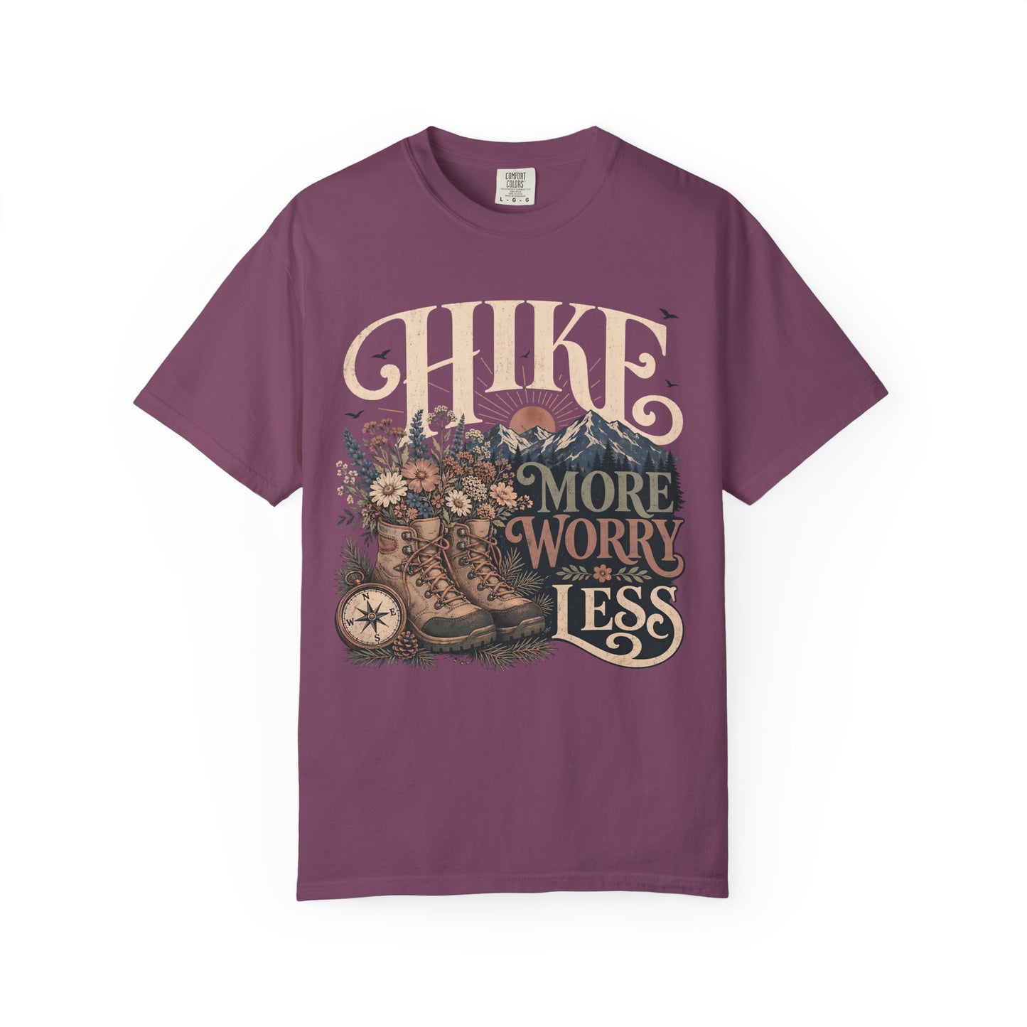 Hike More Worry Less T-Shirt — Vintage Hiking Boots & Mountain Graphic