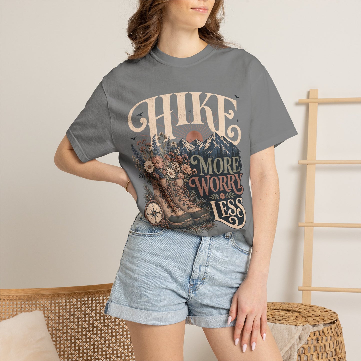 Hike More Worry Less T-Shirt — Vintage Hiking Boots & Mountain Graphic