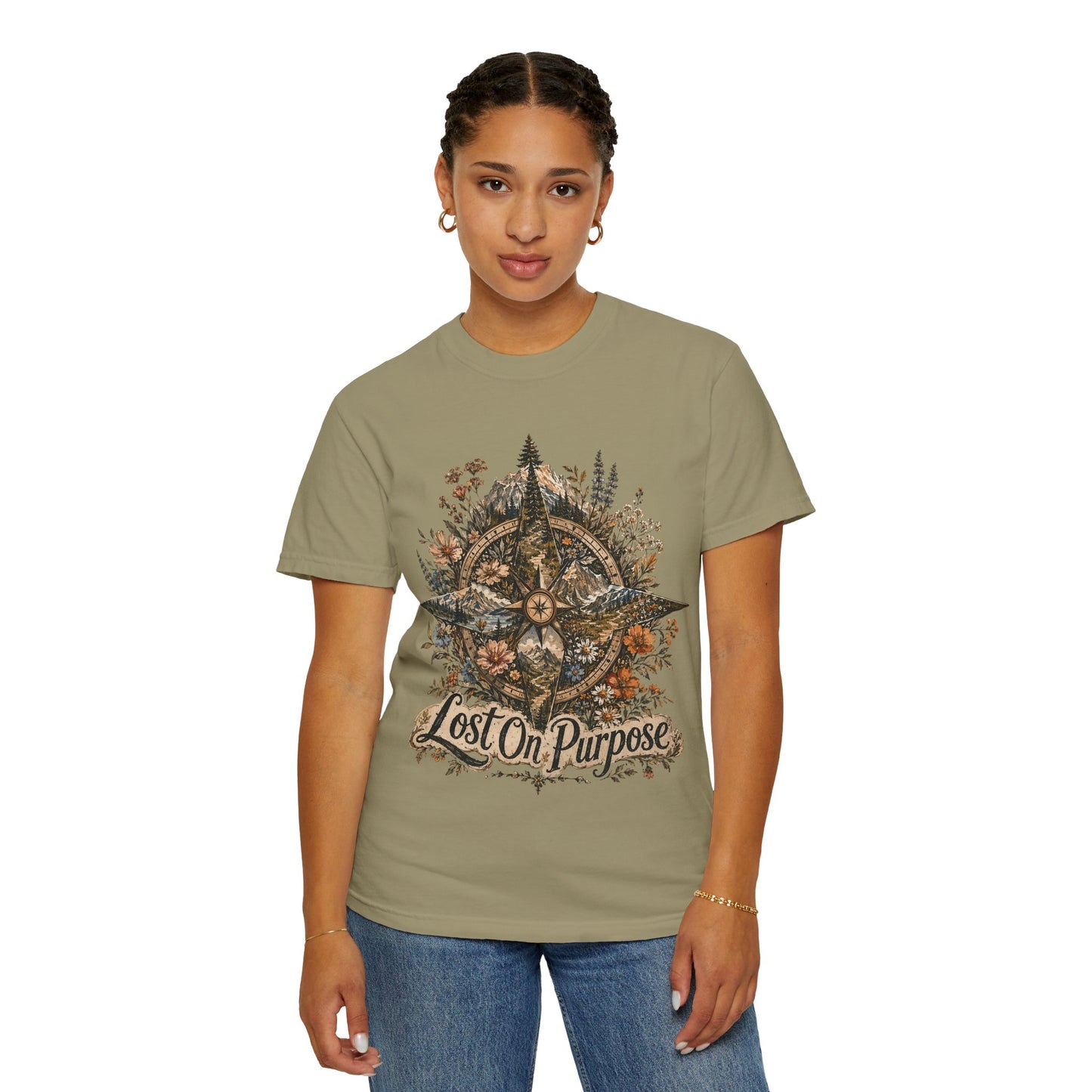 Lost on Purpose Compass T-Shirt — Floral Adventure Graphic Tee
